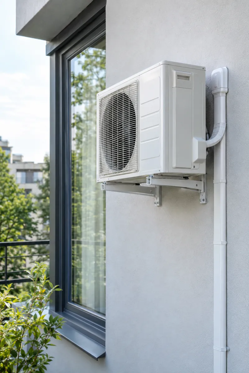 Air conditioning outdoor unit on a building facade